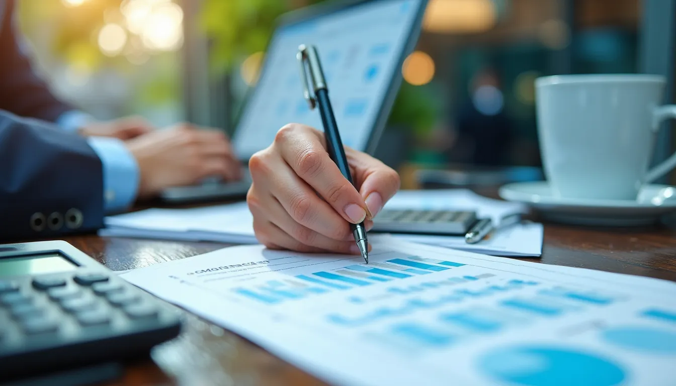 Professioneller Schreibtisch mit Steuerformularen, Taschenrechner, Laptop zeigt Diagramme, ordentlich, blau-grün akzentiert